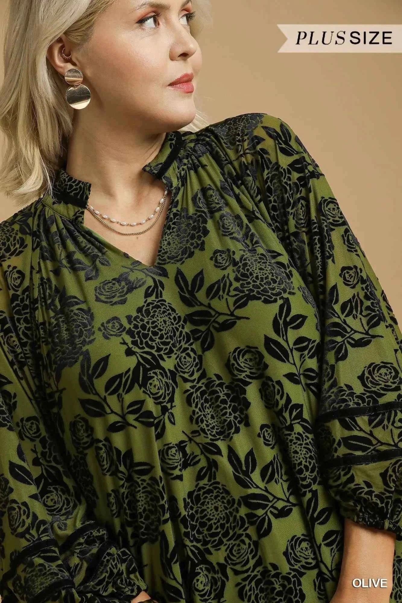 Umgee Full Size Floral Velvet Blouse with Balloon Sleeves Plus Size