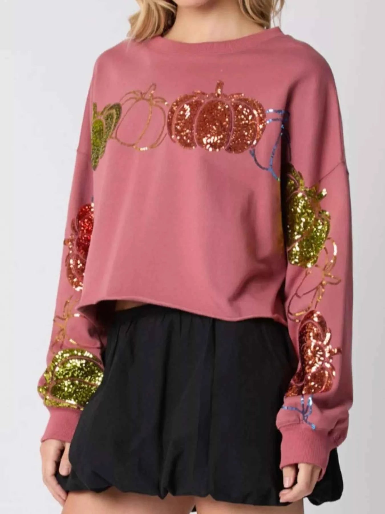 Sequined Pumpkin Halloween Crop Sweatshirt