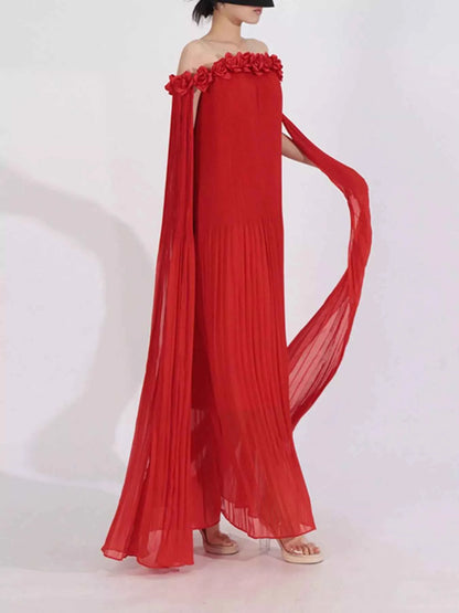 Off-Shoulder Floral Pleated Maxi Dress