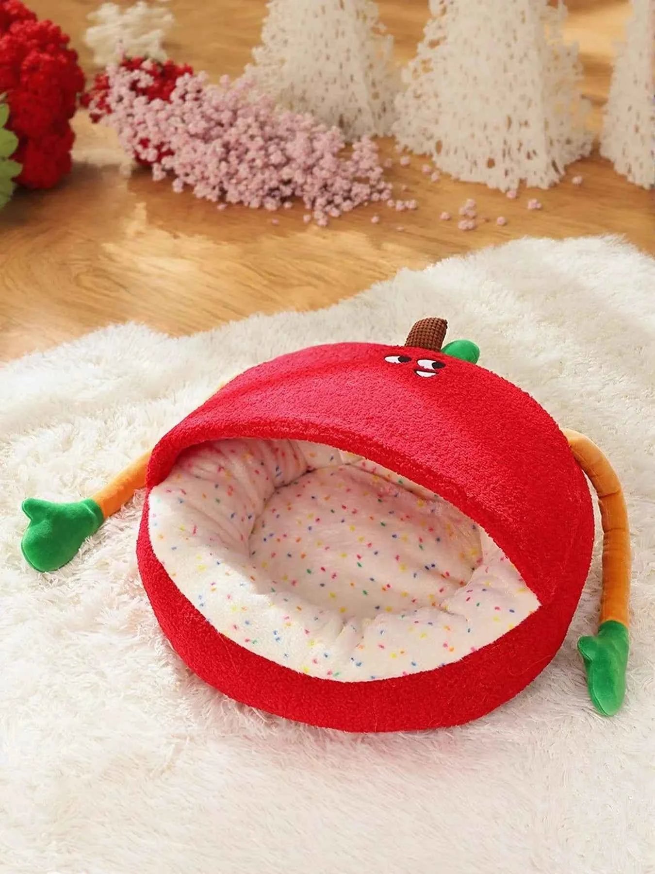 Cartoon Apple Shape Pet Nest with Plush Arms