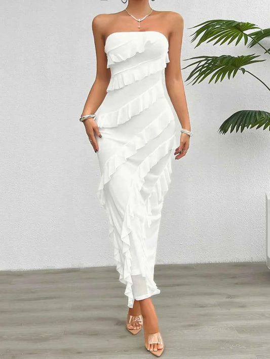 Ruffled Slit Back Tube Maxi Dress