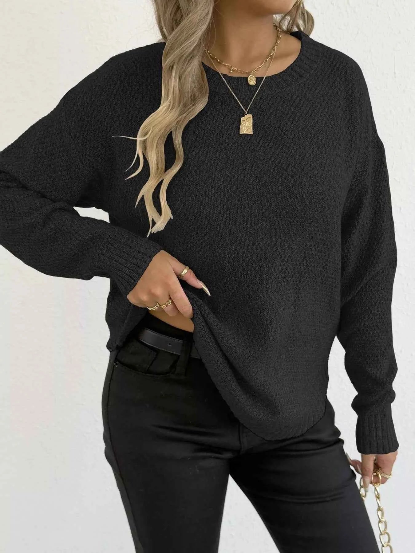 Textured Knit Relaxed Fit Round Neck Sweater
