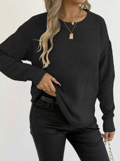 Textured Knit Relaxed Fit Round Neck Sweater