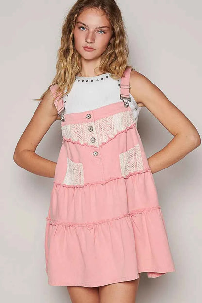 POL Lace Patchwork Detail Denim Overall Dress