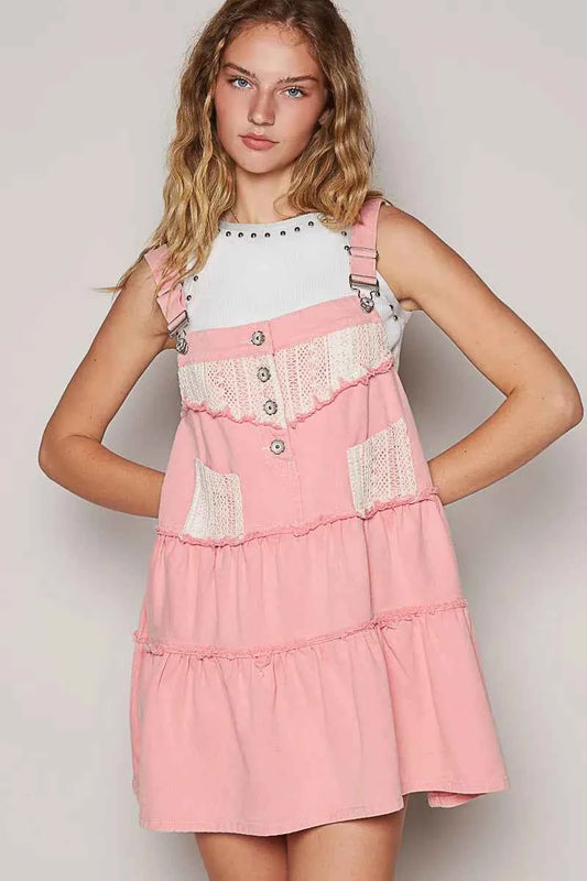 POL Lace Patchwork Detail Denim Overall Dress