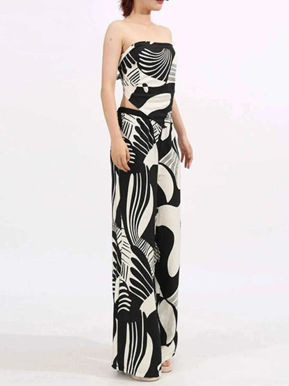 Abstract Print Tube Top and Wide Leg Pants Two-Piece Set