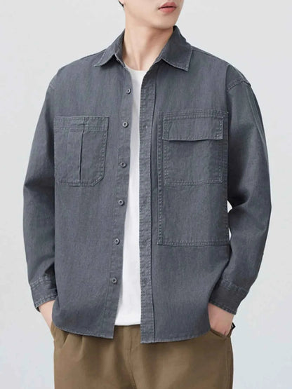 Men's Plus Size Button Up Long Sleeve Denim Shirt