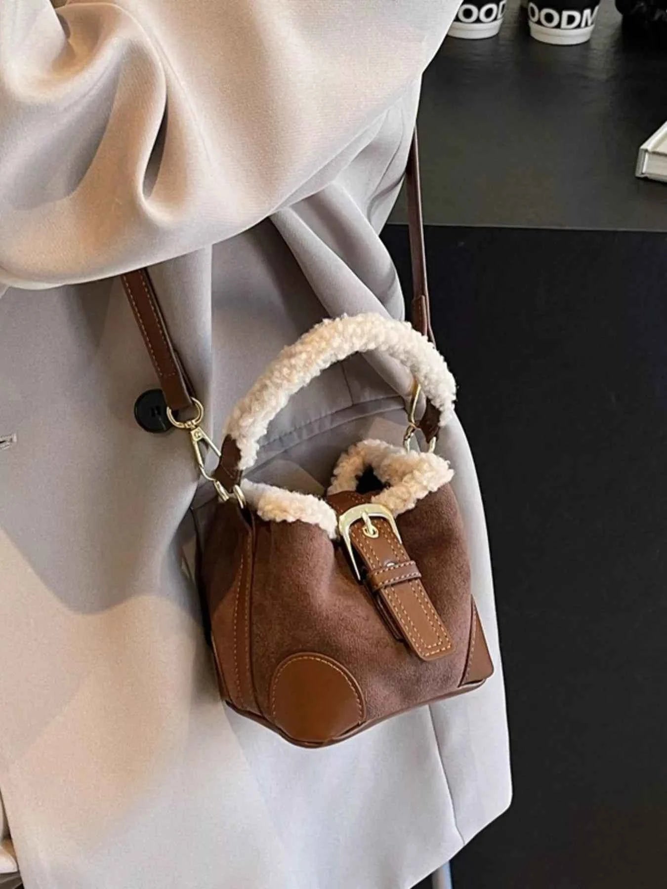 Fuzzy Trim Bucket Crossbody Bag