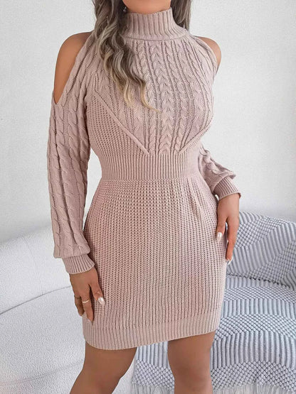 Cold Shoulder Cable Knit Turtleneck Sweater Dress