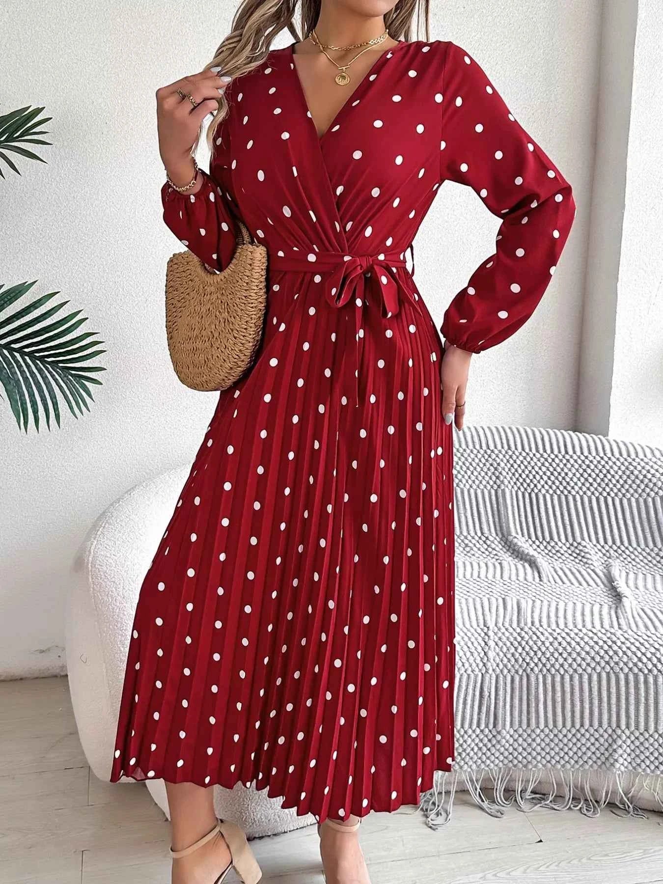 Front Tie Polka Dot Midi Pleated Dress