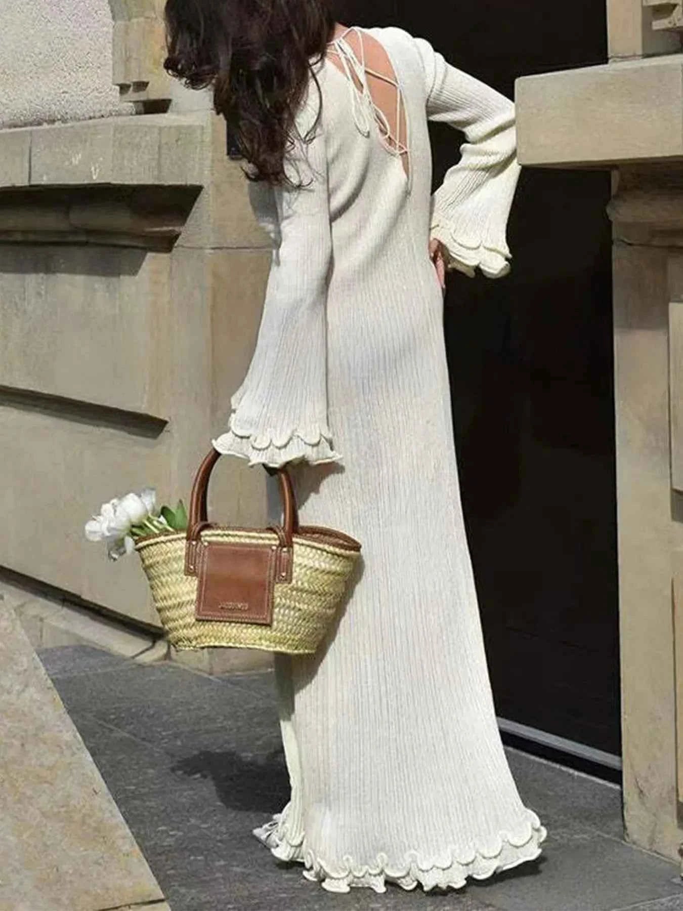 Ribbed Long Sleeve Dress with Ruffle Hem