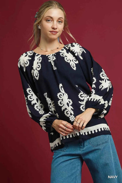 Umgee Two Tone Border Print Top with Balloon Sleeves