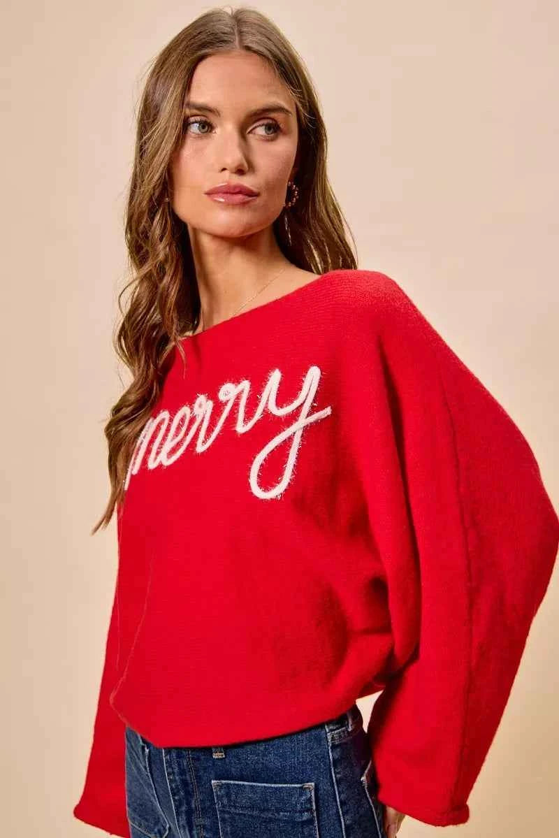 SO ME Merry Tinsel Lettering Christmas Sweater Top
