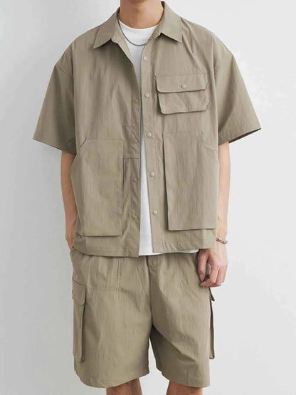 Men's Plus Size Button Up Short Sleeve Shirt and Shorts Set