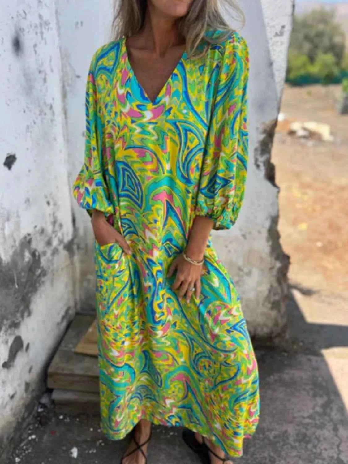 Full Size Printed V-Neck Dress with Pockets Plus Size