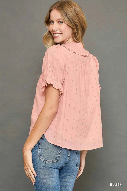 Peter Pan Collared Button Down Textured Shirt with Ruffled Detail