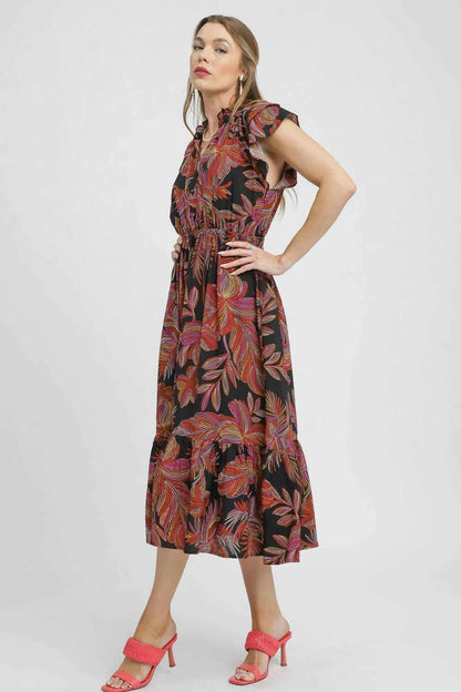 Umgee Mix Ruffle Sleeve Tropical Midi Dress