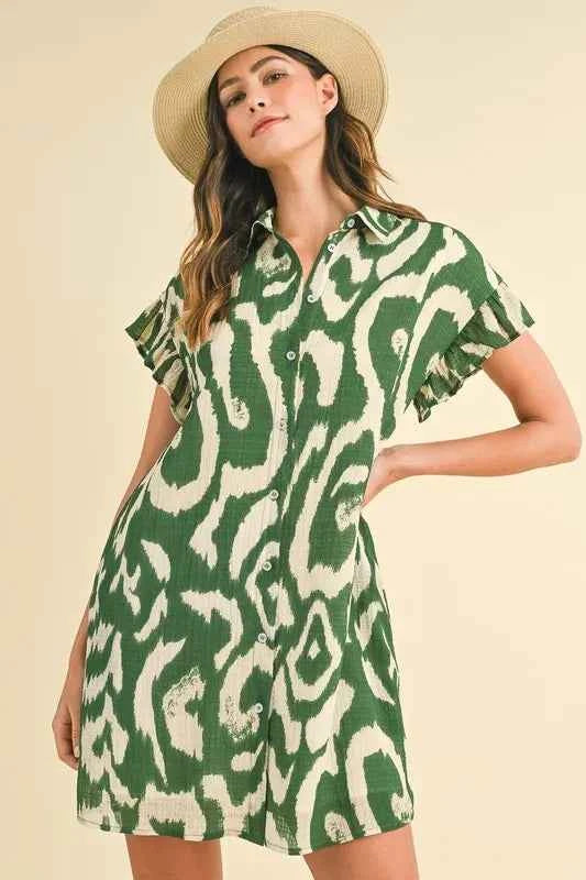 Annie Wear Abstract Printed Frill Sleeve Shirt Mini Dress