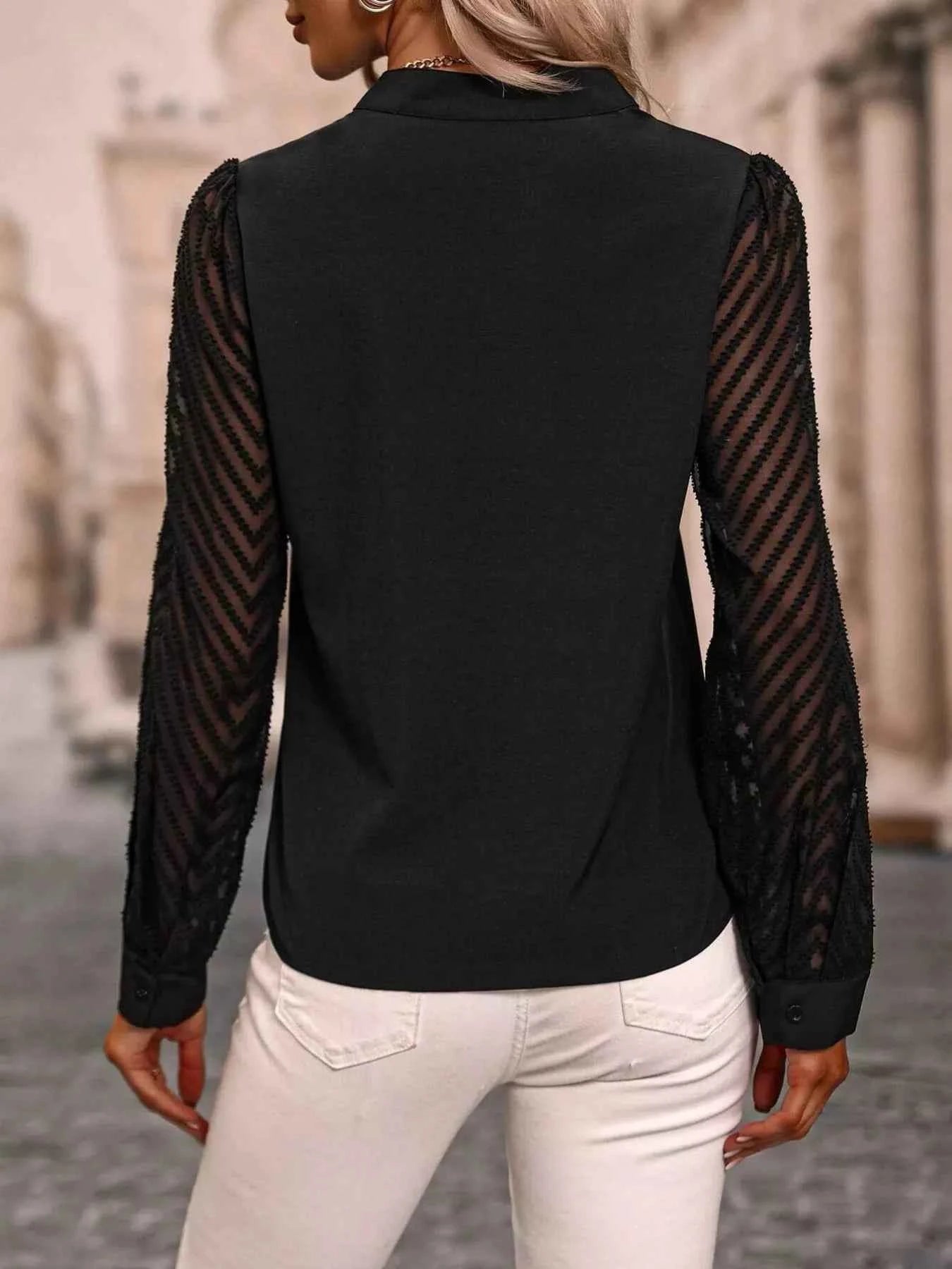 Sheer Sleeve V-Neck Blouse