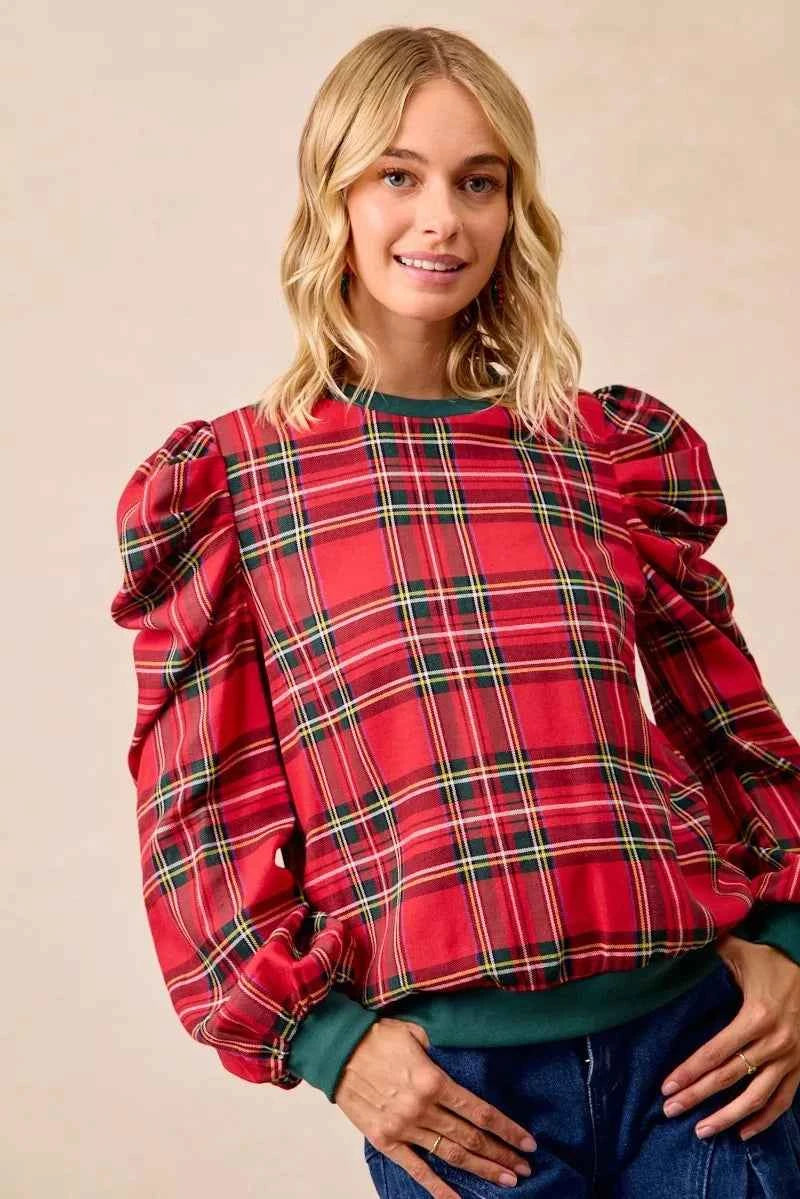 BiBi Christmas Plaid Exaggerated Shoulder Sleeves Top