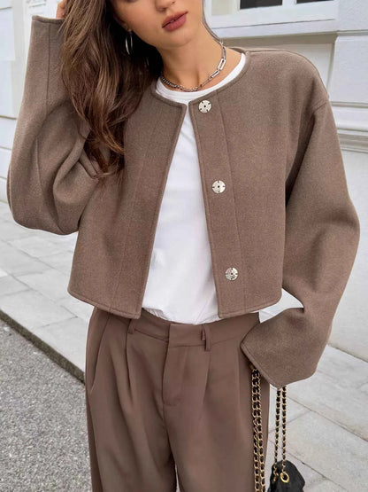 Button-Front Dropped Shoulder Cropped Jacket