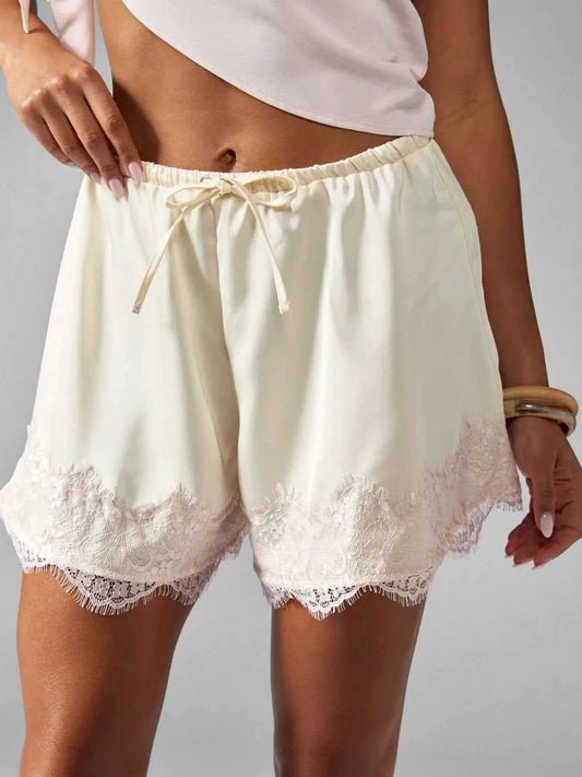Lace Trim Drawstring Casual Shorts