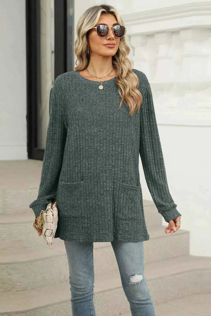 Long Sleeve Ribbed Knit Top with Front Pockets