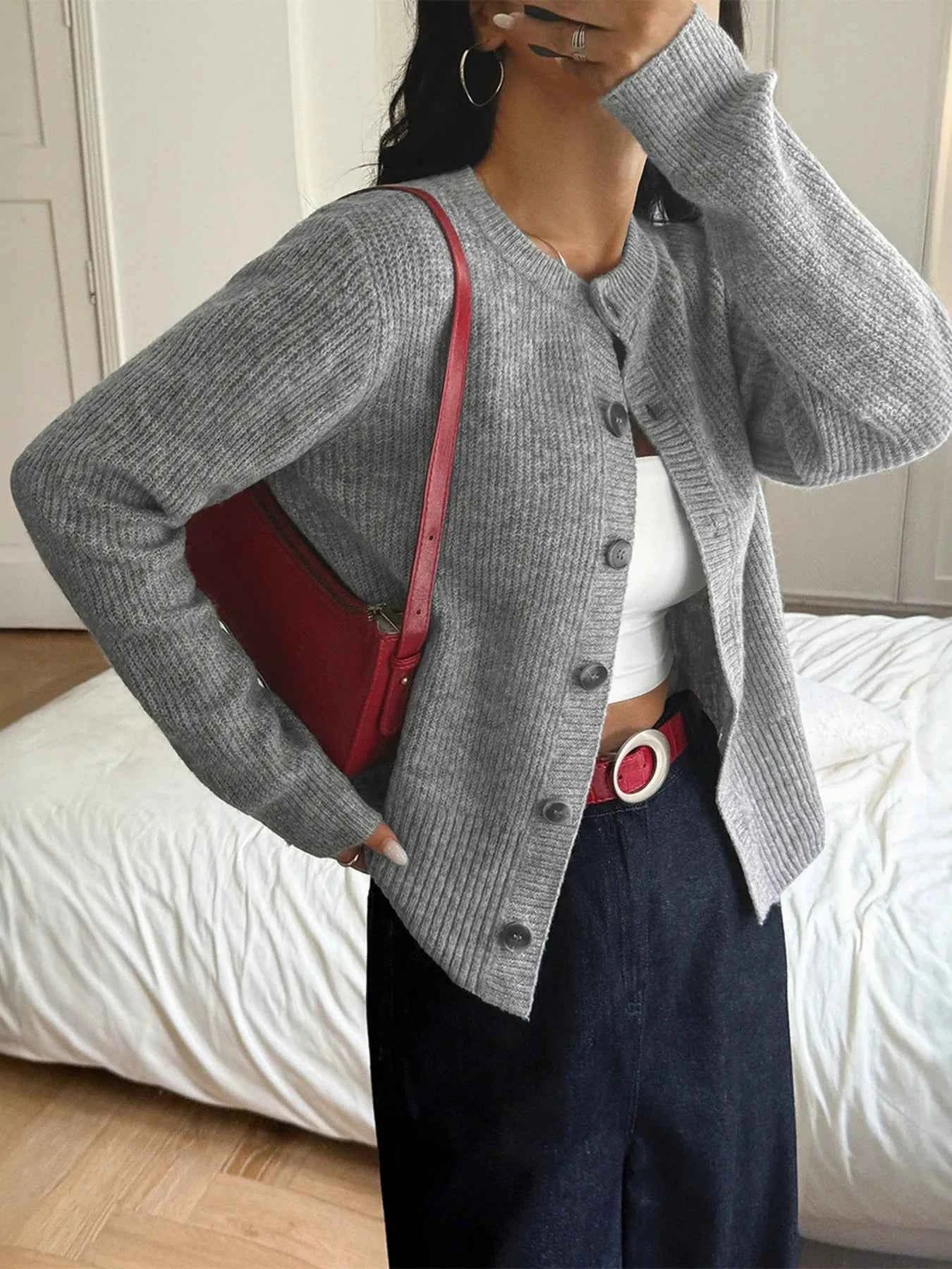 Button-Up Ribbed Knit Cardigan