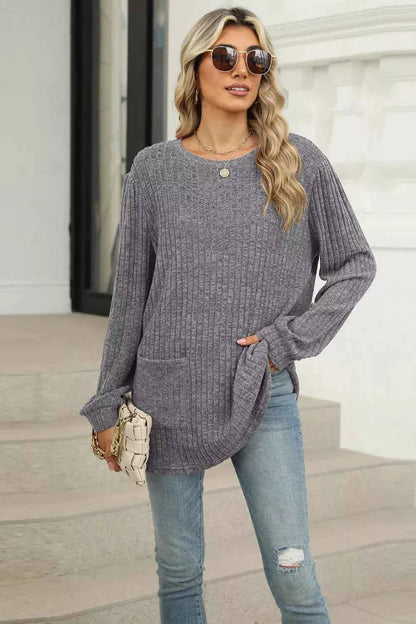 Long Sleeve Ribbed Knit Top with Front Pockets