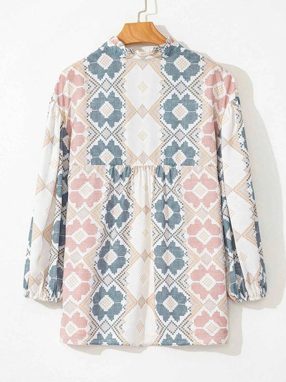 Bohemian Geometric Print Blouse with Tassel Tie