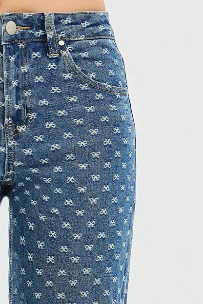 RISEN High Rise Wide Leg Bow Embroidered Jeans