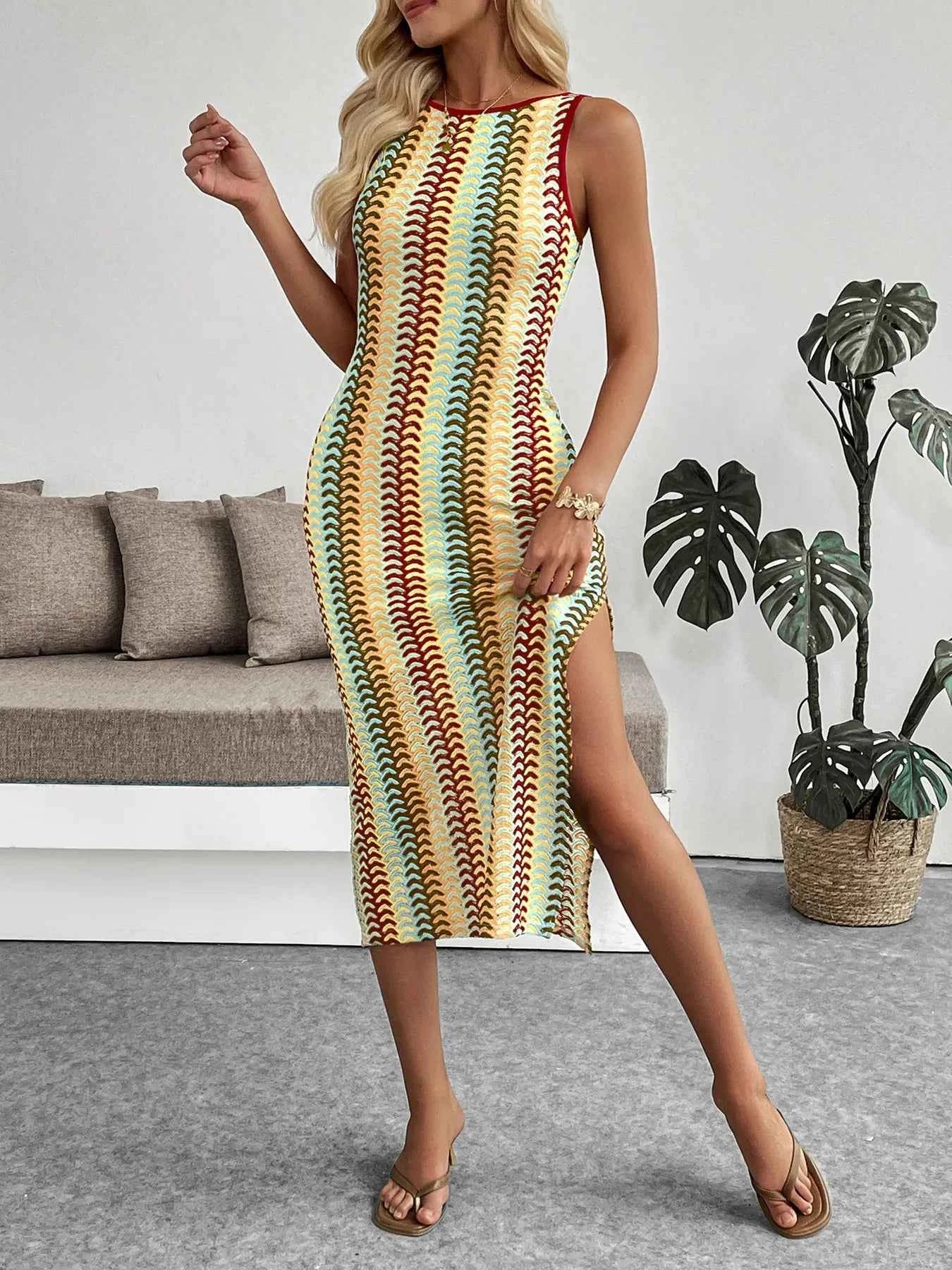 Sleeveless Chevron Pattern Sweater Dress