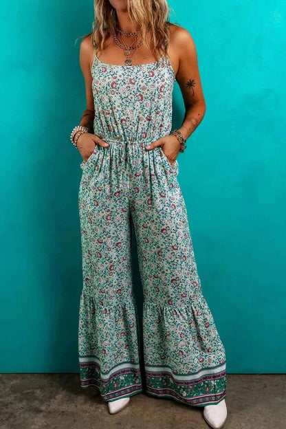 Bohemian Floral Ruffle Bottom Spaghetti Strap Jumpsuit