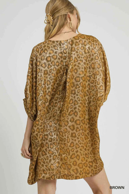Umgee Metallic Leopard Print V-Neck Kimono Dress