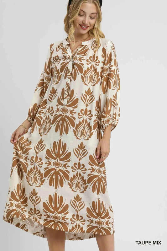 Umgee Mix Abstract Floral Print Midi Dress