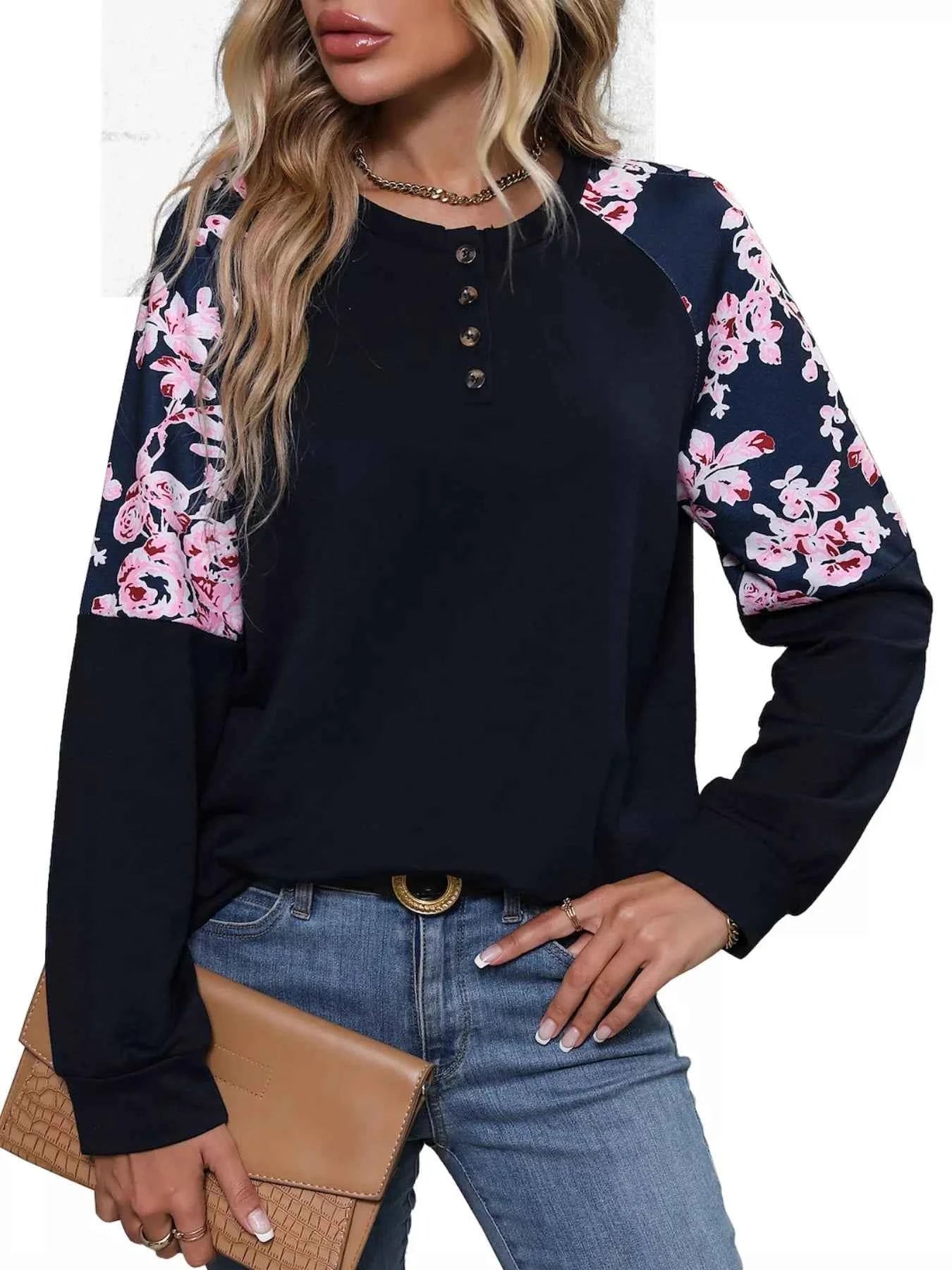 Floral Long Sleeve Round Neck Top