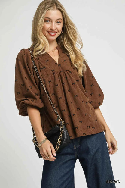 Umgee Corduroy Bow Print Balloon Sleeve Blouse