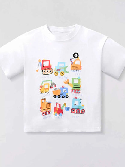 Children's Cartoon Construction Vehicle Crew Neck T-Shirt