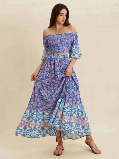Smocked Off-Shoulder Printed Top and Skirt Set