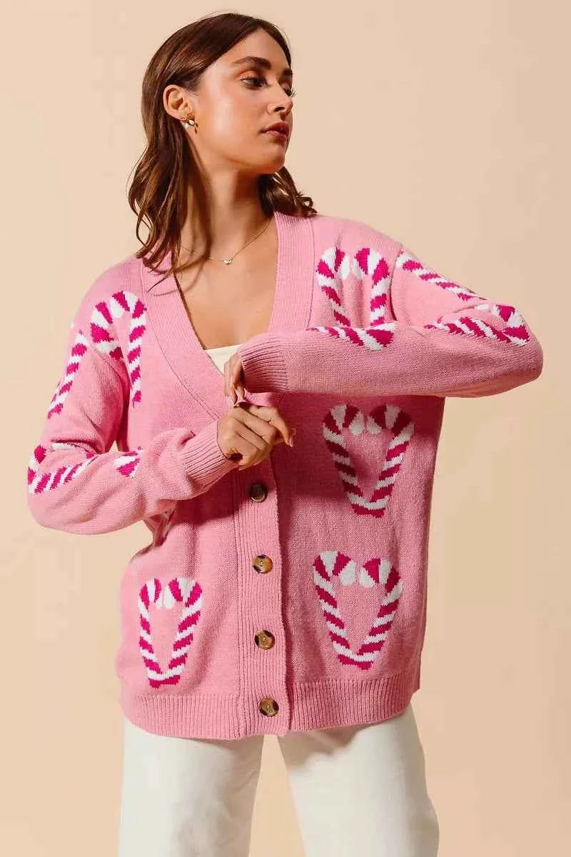 SO ME Christmas Candy Cane Button Front Sweater Cardigan