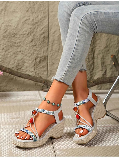 Bohemian Floral Beaded Wedge Sandals