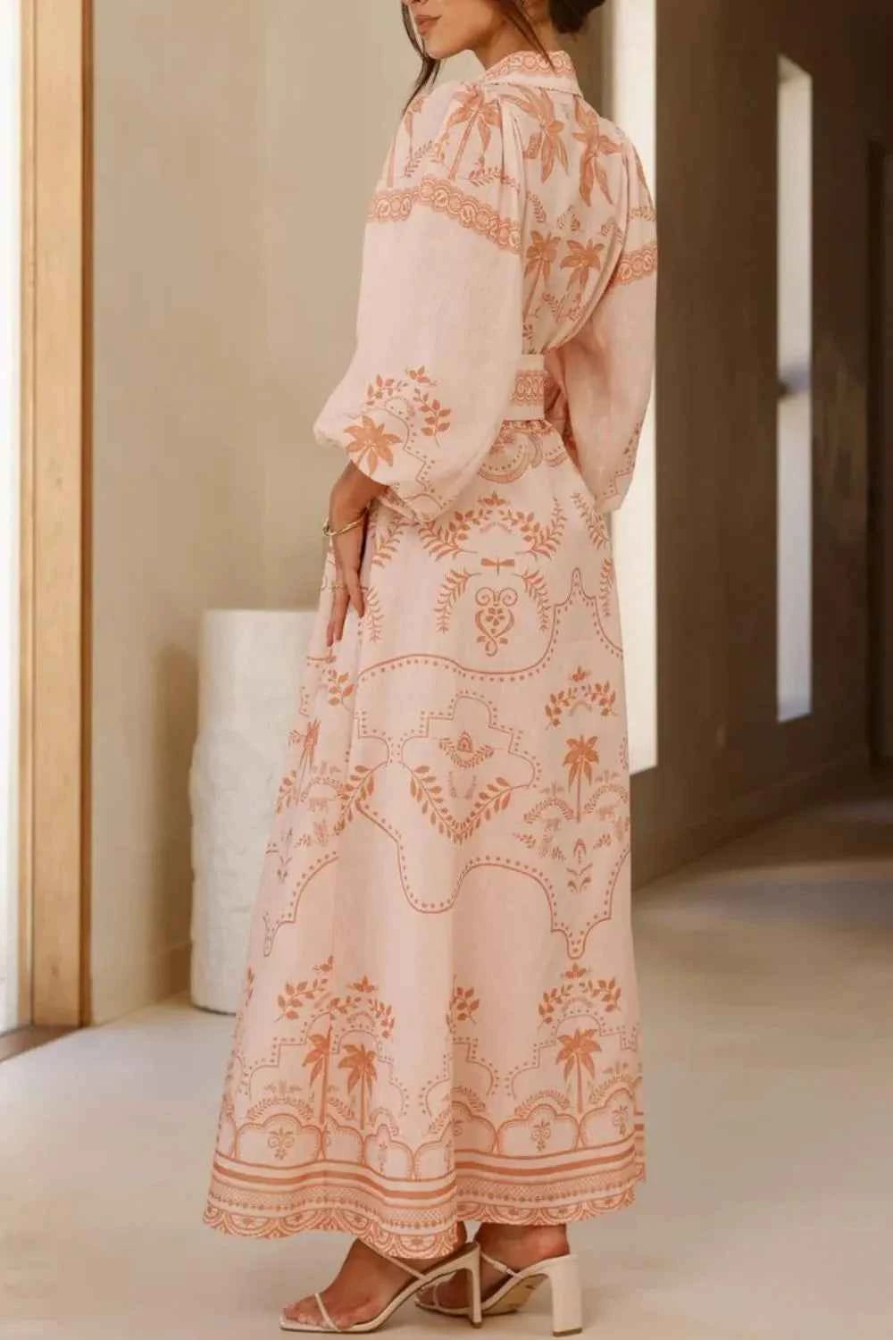 Printed Balloon Sleeve Maxi Shirt Dress