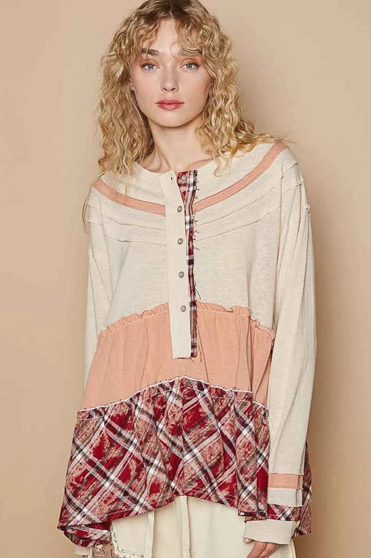 POL Round Neck Half Button Color Block Top with Merrow Edge Detail
