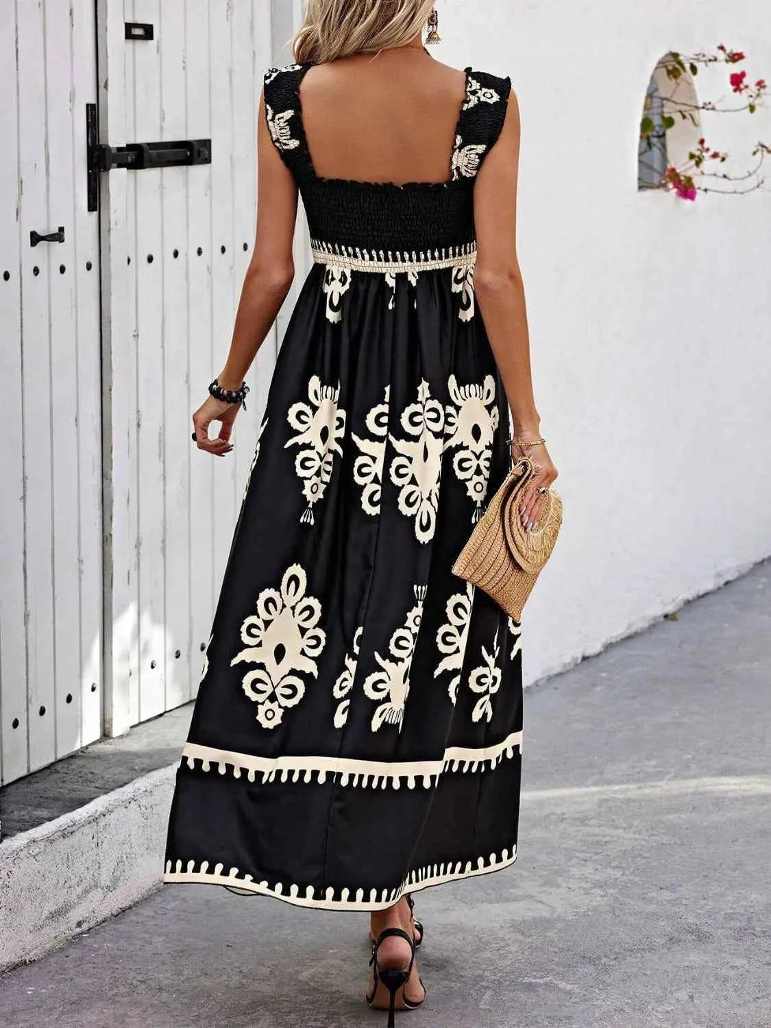 Smocked Printed Wide Strap Maxi Dress