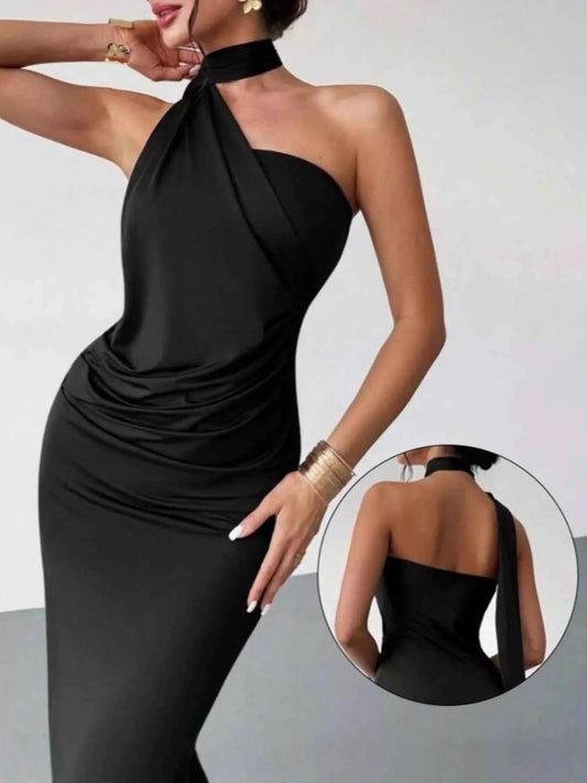 Halter Neck Ruched Bodycon Midi Dress