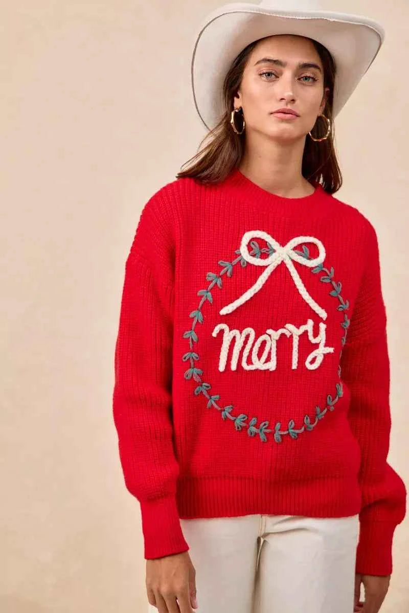 BiBi Christmas Wreath Merry Letter Knit Top