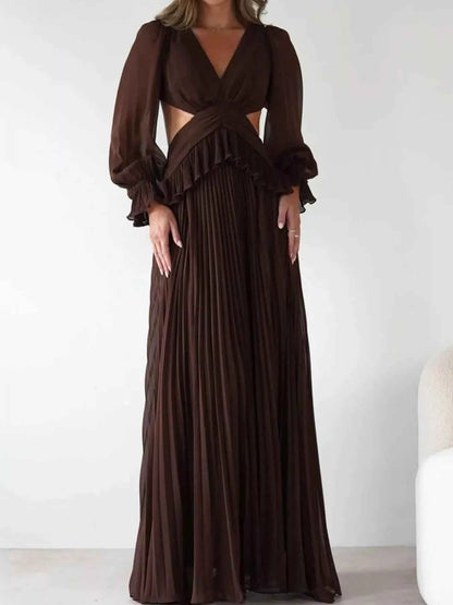 Backless Pleated Long Sleeve Maxi Dress