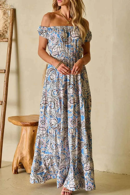 Boho Paisley Print Off Shoulder Maxi Dress