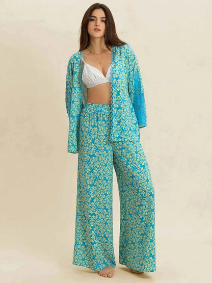 Open Front Printed Top and Pants Set