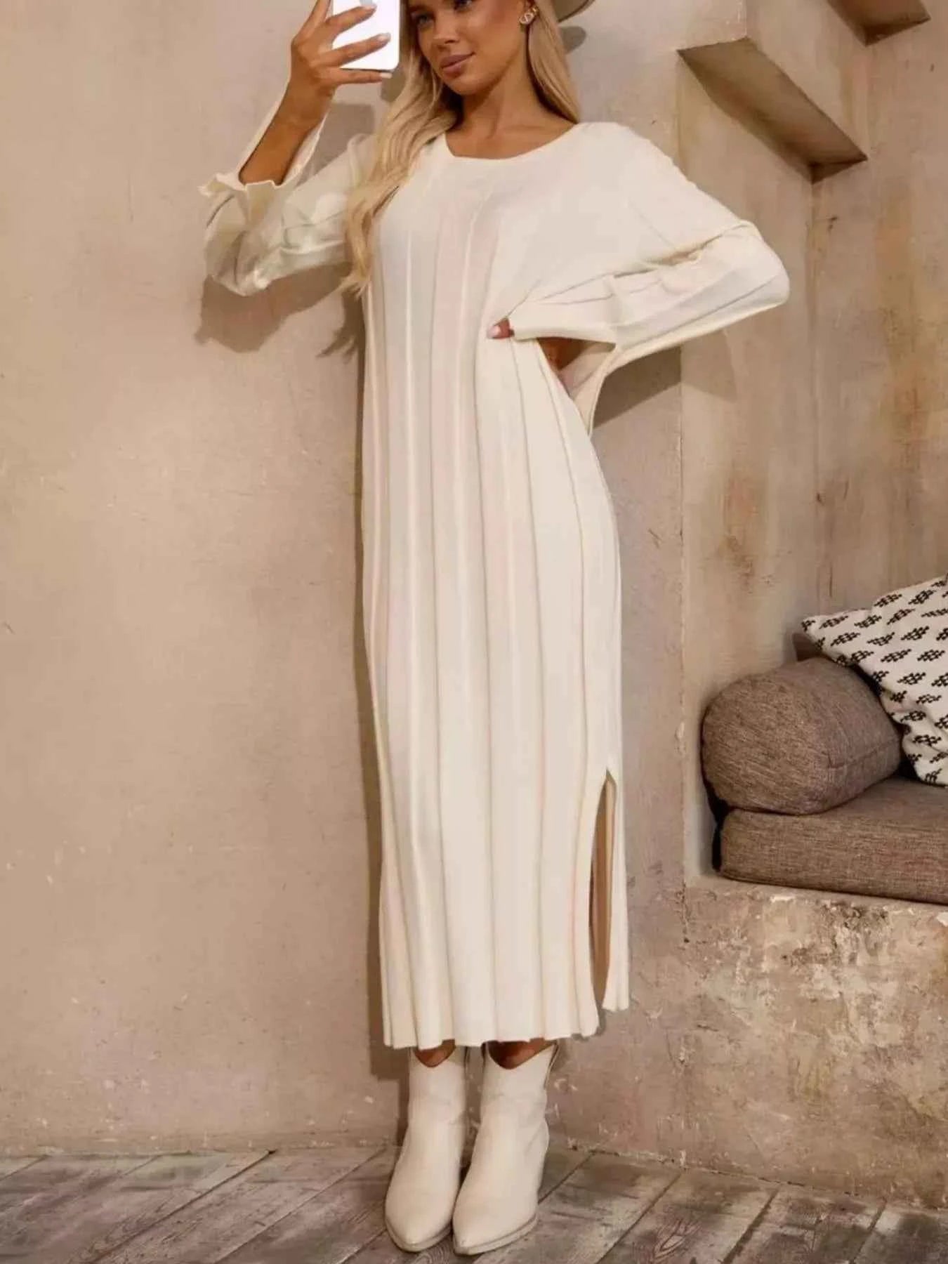 Ribbed Knit Slit Sweater Dress